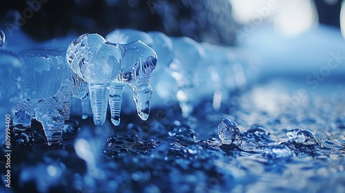   A tight shot of a glass elephant figurine atop a flat surface, surrounded by water droplets Background softly blurred photo