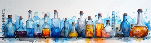 An artistic rendering of a chemistry lab with various beakers and glassware, filled with colorful liquids