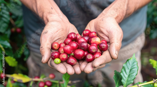 Red coffee beans in farmer hand macro close up view © brillianata