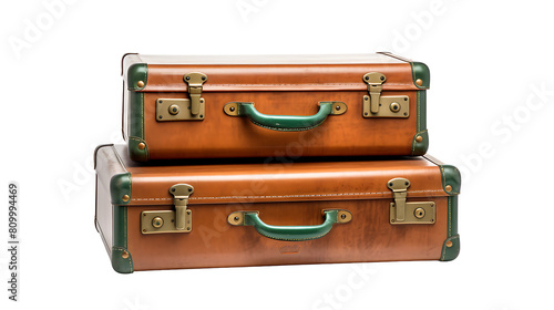  Vintage travel suitcases with leather and brass accents isolated on white background