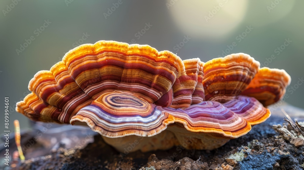 A tight shot of a vividly hued mushroom atop weathered wood, surrounded by an indistinct background A tight shot of a vividly hued mushroom atop weathered wood, surrounded by an indistinct background