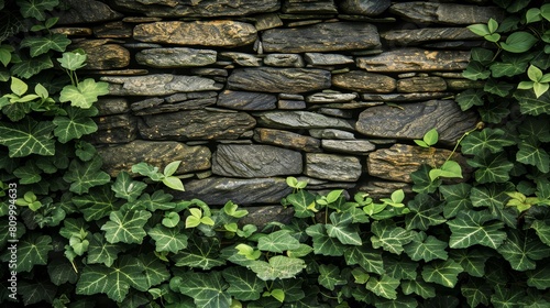   Close-up of ancient stone wall, adorned with ivy, and a clock affixed to its side photo