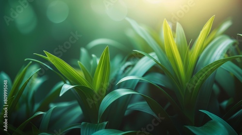  A tight shot of a green plant with sunlight filtering through its upper and lower leaves