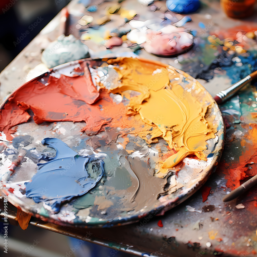 Close-up of an artists palette with mixed paint.