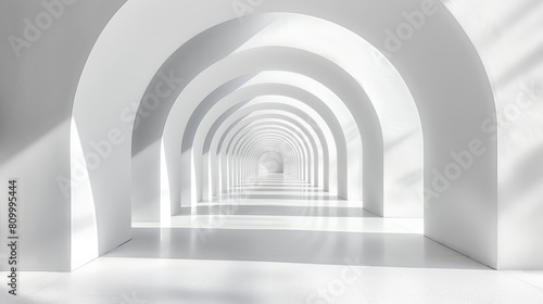  A long  white tunnel with a bright light emanating from its end  illuminating the right side