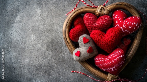  A basket filled with knitted hearts on a cement floor, alongside twisted twine