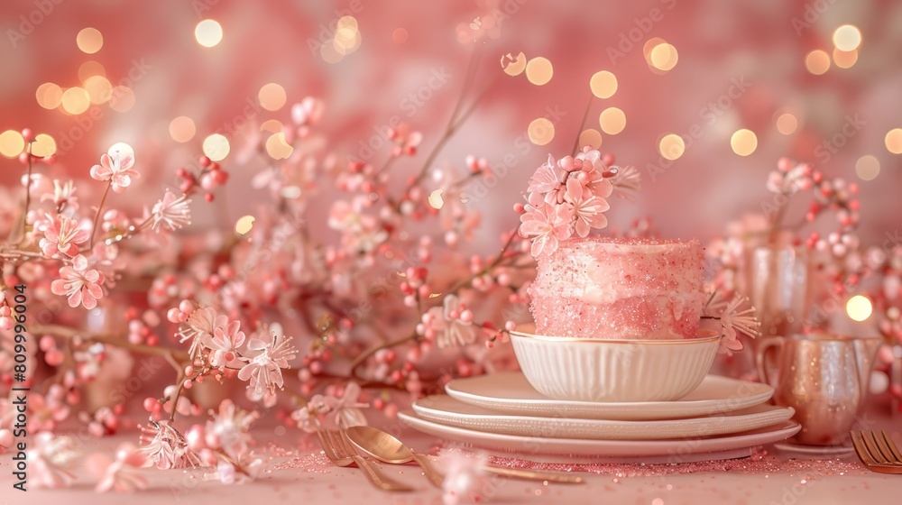A pink flower-covered cake on a white plate A pink flower-covered cake on a white plate
