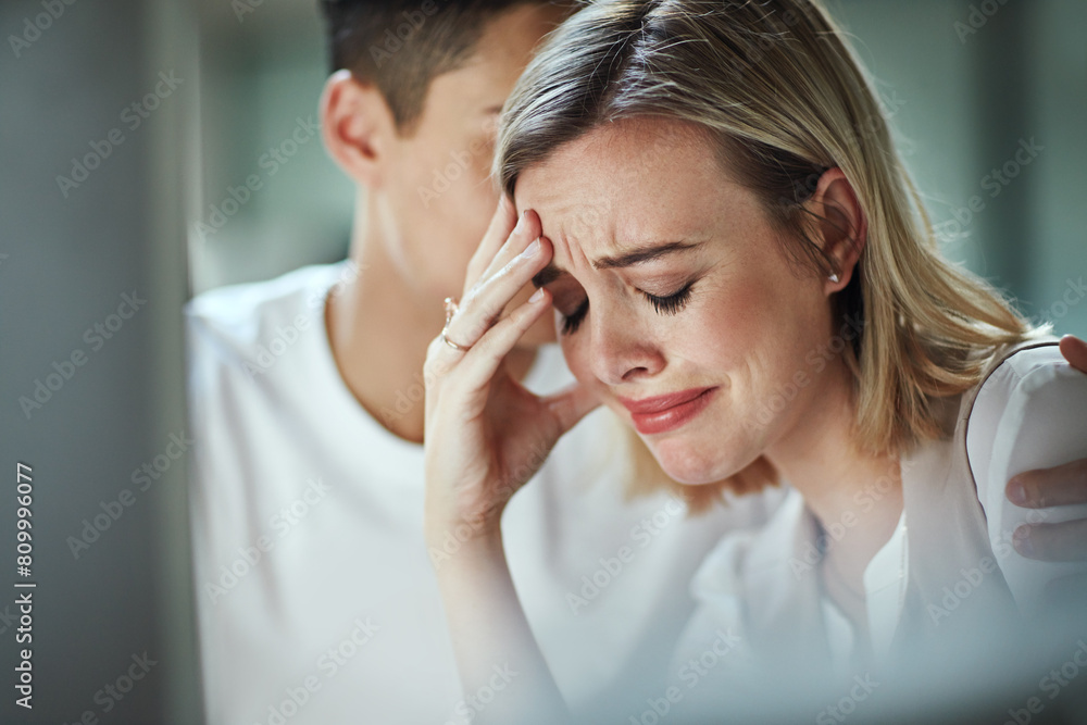 Stress, depression or couple with computer for internet, search or divorce application at home. Anxiety, comfort or man hug crying girl in house with email alert of debt, bankruptcy or financial scam Stress, depression or couple with computer for internet, search or divorce application at home. Anxiety, comfort or man hug crying girl in house with email alert of debt, bankruptcy or financial scam
