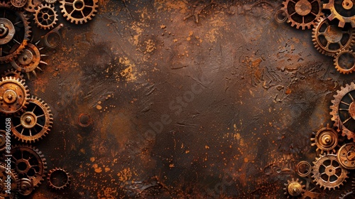   A rusted metal backdrop featuring cogwheels and a central hole within its frame photo