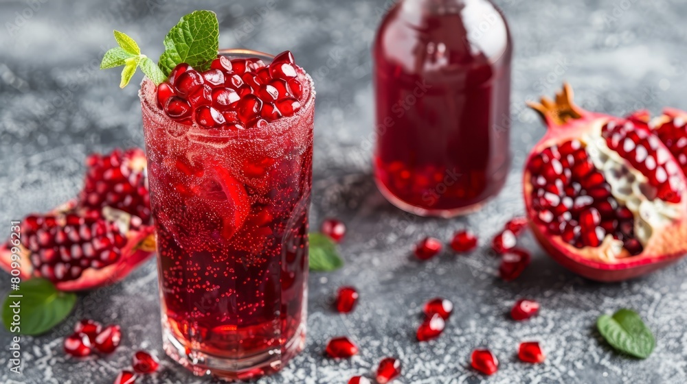 A glass of pomegranate, a bottle of wine, and a pomegranate on the table A glass of pomegranate, a bottle of wine, and a pomegranate on the table