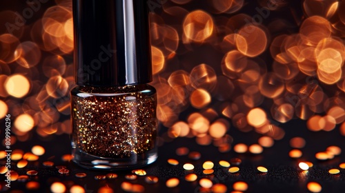   A bottle of nail polish sits atop a table against an indistinct backdrop of orange and golden lights photo