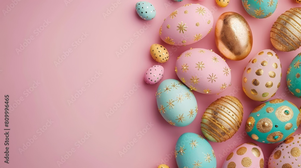   A pink background adorned with various colored Easter eggs, each surrounded by golden confetti