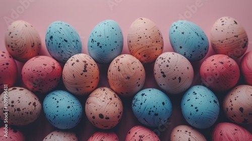  A stack of painted eggs on a pink, speckled surface