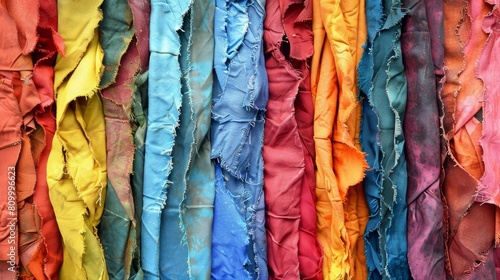  A line of multicolored scarves hangs in front of a wall of similar scarves