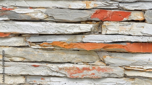   A tight shot of a brick wall with peeling red and white paint at its edge