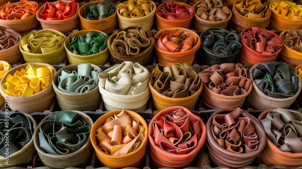   A collection of clay pots in various colors, some stacked atop others