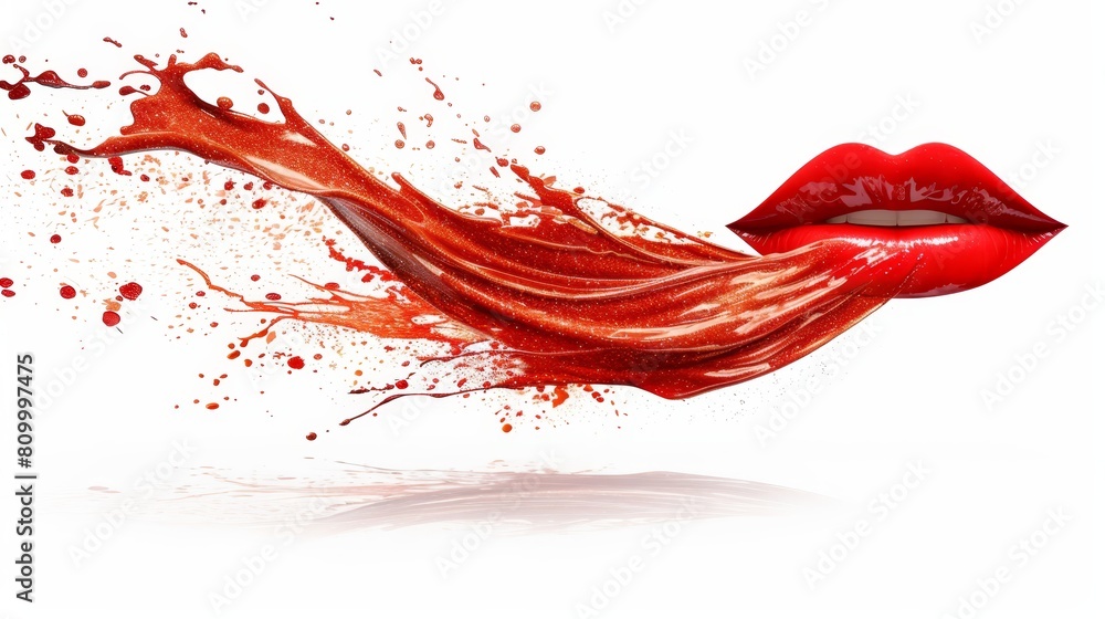 A woman with red lipstick exudes a red liquid from her mouth as she speaks A woman with red lipstick exudes a red liquid from her mouth as she speaks