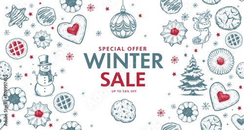 Winter sale, Christmas Cookie and ball set, Hand drawn illustration.	