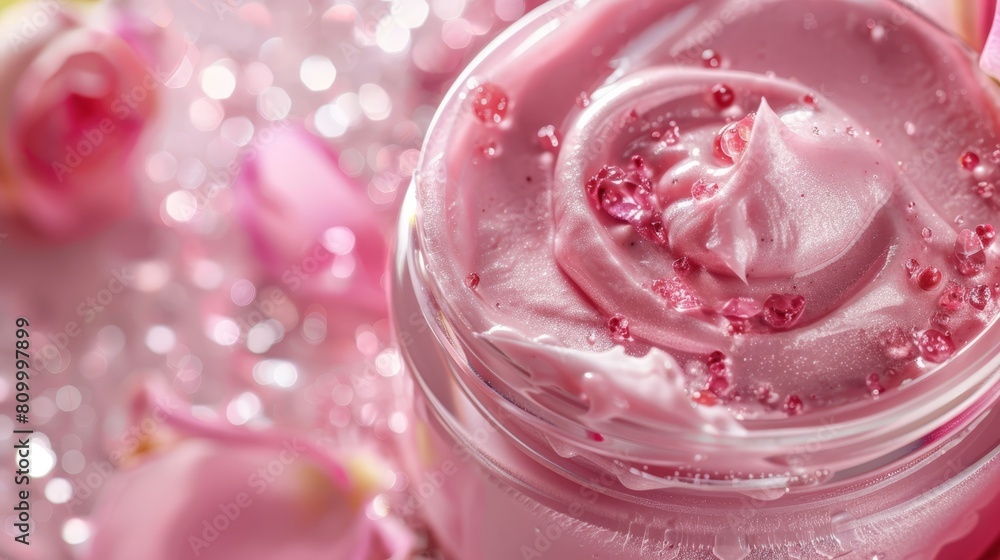 A jar of whipped cream, fillingly captured in a close-up shot against a pink backdrop Pink and white confetti scattered surrounding the scene A jar of whipped cream, fillingly captured in a close-up shot against a pink backdrop Pink and white confetti scattered surrounding the scene
