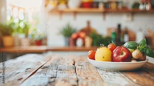   A bowl brimming with fruit rests atop a weathered wood table Nearby  a wine bottle and a potted plant are placed as companions