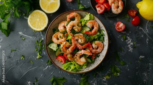 top view bowl shrimp louie salad, lettuce, tomatoes, cucumbers, dressing, food lunch dinner meal restaurant photo