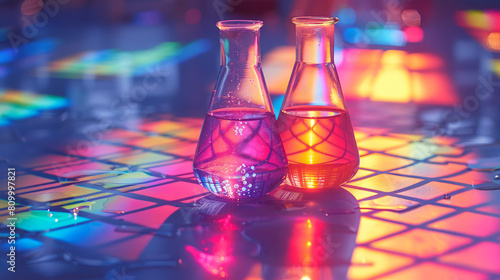 Advanced chemistry lab with a beaker of bubbling solution on an illuminated grid table casting colorful shadows
