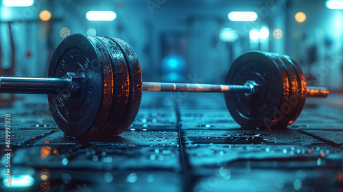 Ready for the next set in a modern gym with focused lighting on a heavy barbell on a textured floor