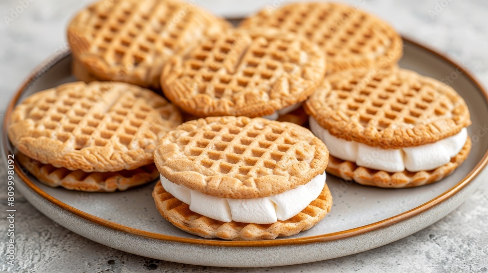A plate holds waffles topped with marshmallows One waffle has a taken bite A plate holds waffles topped with marshmallows One waffle has a taken bite