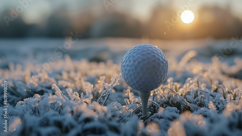 close-up golf ball tee sun rising background, leisure activity hobby game challenge