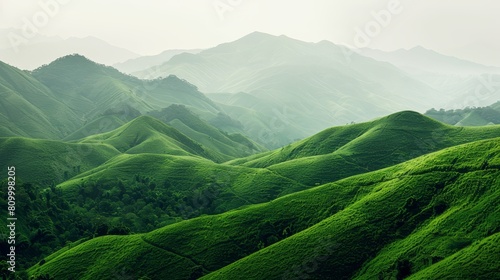   A lush green hillside is covered in numerous lush green hills, each adorned with expanses of lush green grass photo