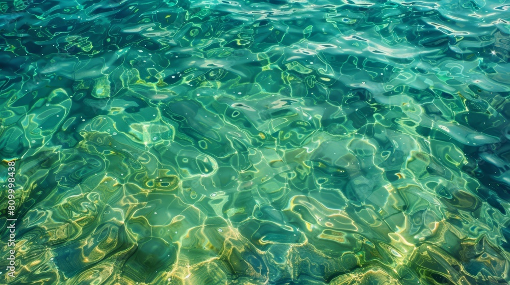   A body of water with vibrant green and blue hues, subtly dotted with bubbles