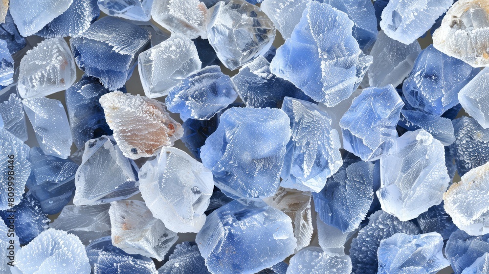A tight shot of multiple blue and white glass fragments, each dotted with water beads atop A tight shot of multiple blue and white glass fragments, each dotted with water beads atop