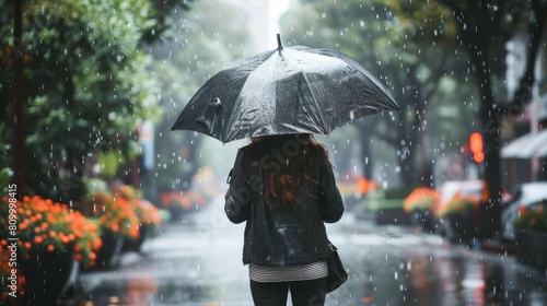   A woman walks in the rain, umbrella shielding her head, black jacket on shoulder