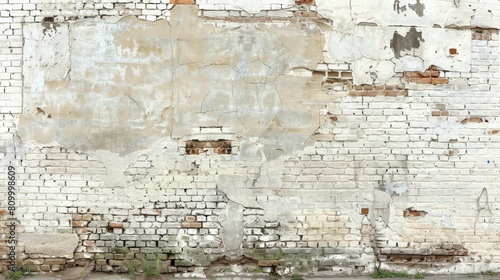   A red fire hydrant stands beside a building, its paint chipping off the surrounding wall photo