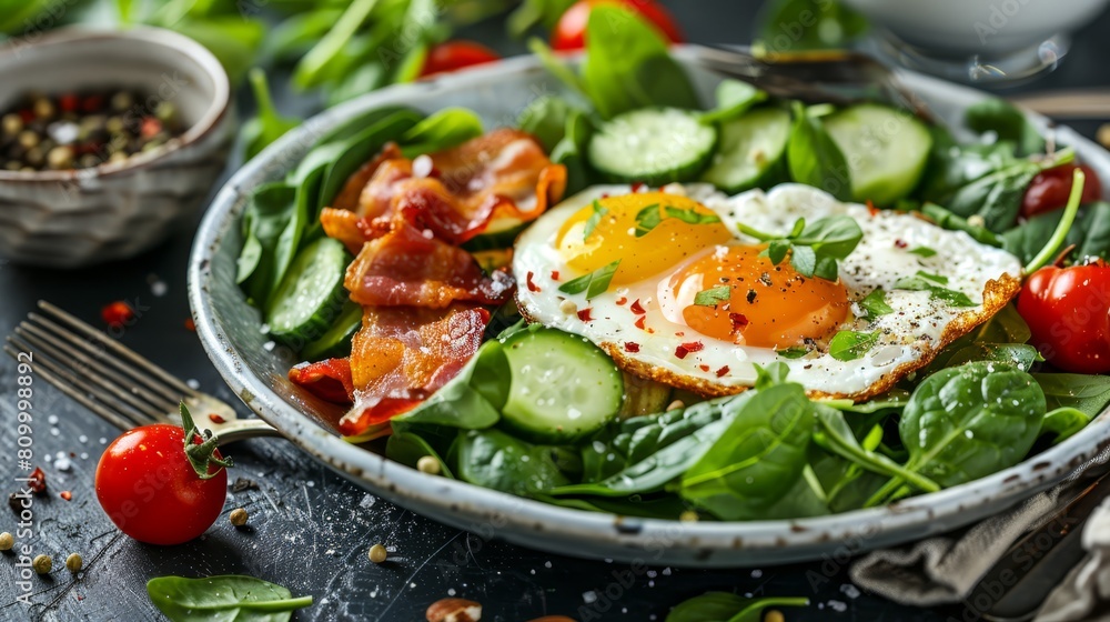 A bowl holds a salad of eggs, cucumbers, tomatoes, and spinach Nearby rests a fork A bowl holds a salad of eggs, cucumbers, tomatoes, and spinach Nearby rests a fork