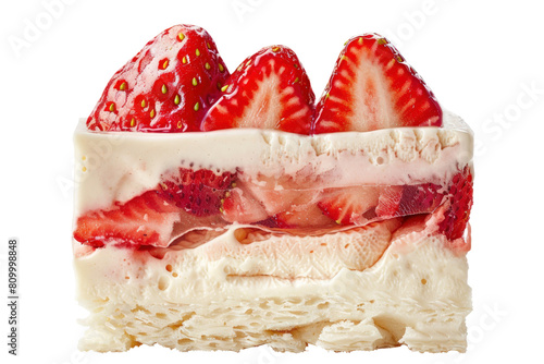 A slice of strawberry cake with a strawberry on top, national strawberry sundae day, illustrations, clipart, isolate transparent background.