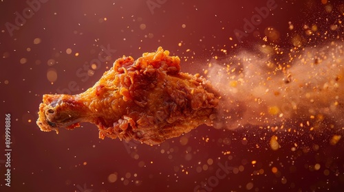 A single piece of fried chicken with seasoning particles frozen in time, on a deep burgundy background
