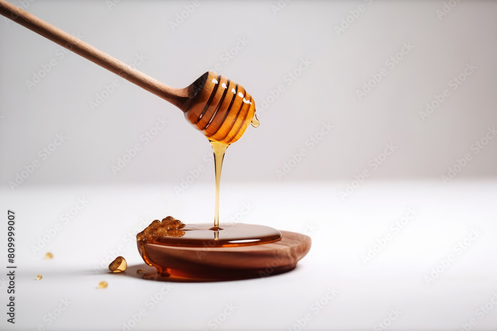generated illustration of close up of honey dripping from honey dipper on white background. generated illustration of close up of honey dripping from honey dipper on white background.