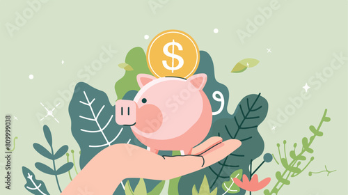 Hand hold coin with Piggy bank money concept of growth