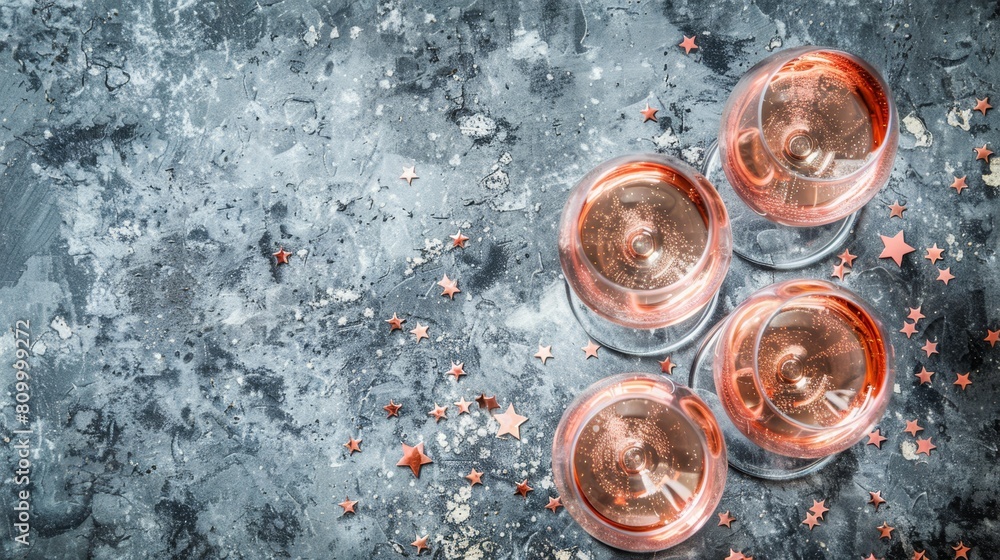 Three glasses of wine atop a table, nearby lies an uncorked bottle and star-shaped confetti Three glasses of wine atop a table, nearby lies an uncorked bottle and star-shaped confetti
