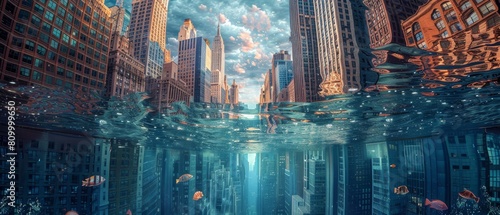 A surreal cityscape where the sea level rises to the second story of buildings, reflecting a new aquatic world