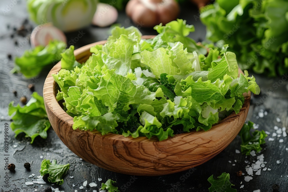 Detail shot of crisp green lettuce leaves in a wooden bowl with scattered leaves and salt on a dark background Detail shot of crisp green lettuce leaves in a wooden bowl with scattered leaves and salt on a dark background