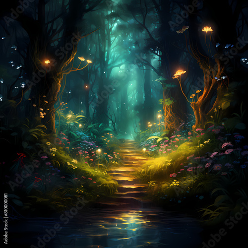 Enchanted forest with glowing flora and fauna. 
