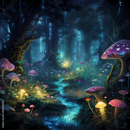Enchanting forest with vibrant bioluminescent plants