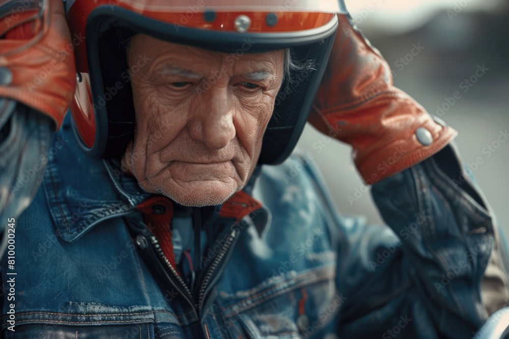 An elderly man dressed in motorcycle helmet and jacket. Suitable for motorcycle safety and retirement concepts An elderly man dressed in motorcycle helmet and jacket. Suitable for motorcycle safety and retirement concepts
