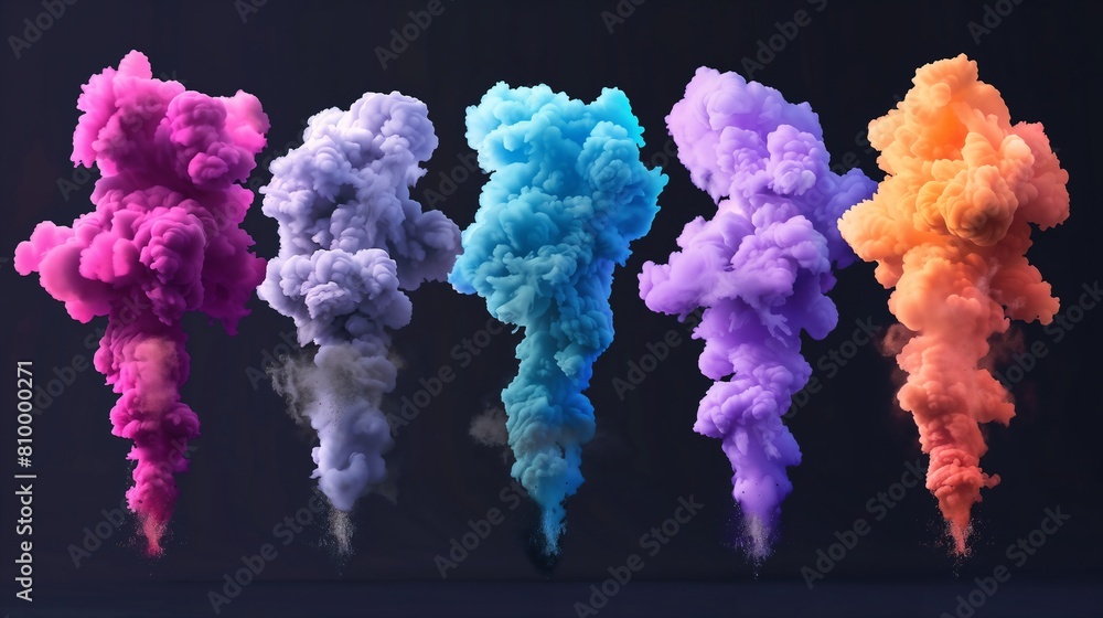 Fototapeta premium Set of color smoke explosions on black background.