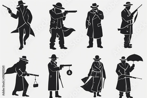 Black silhouettes of men wearing hats and trenchcoats. Ideal for mystery or detective themed designs photo