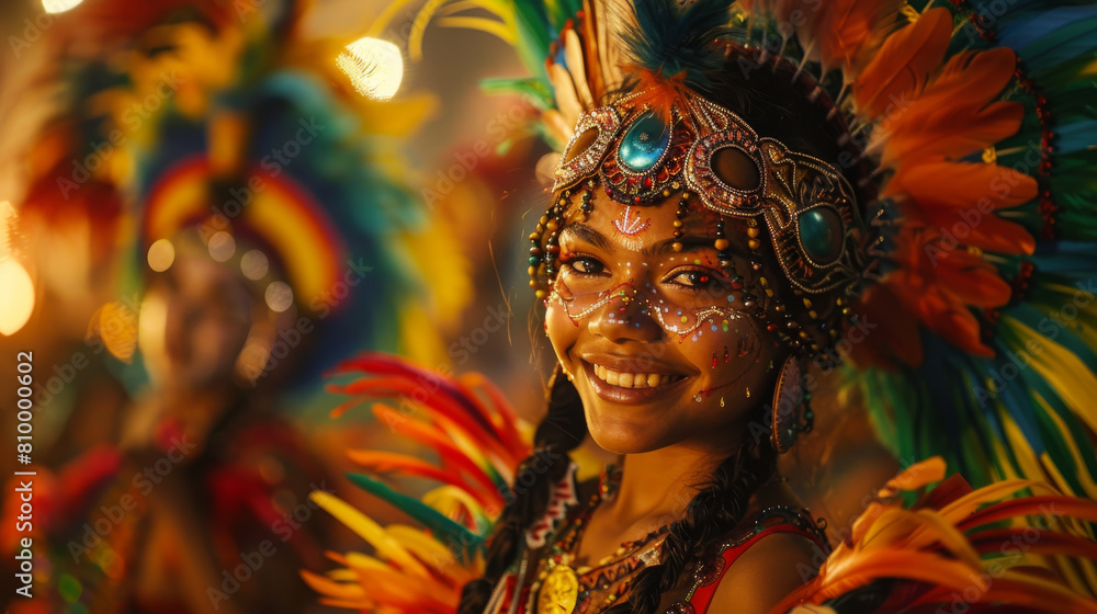 A woman wearing a colorful headdress and a colorful outfit is smiling