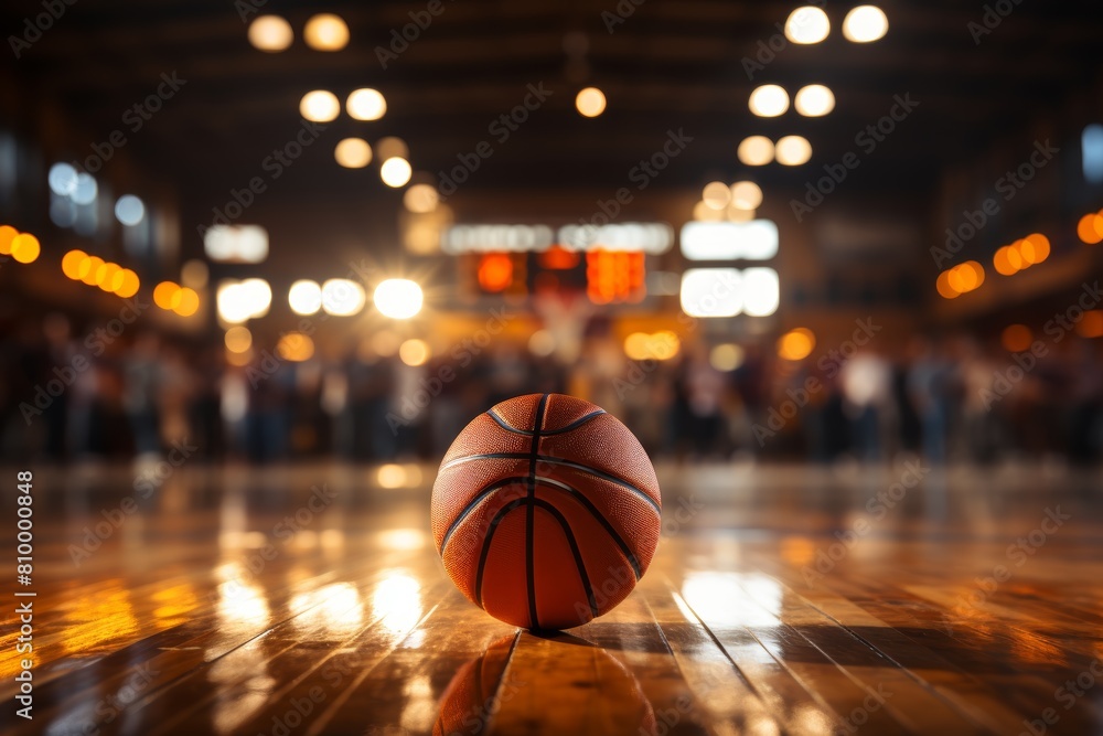 Basketball on wooden floor in arena with blurred crowd and spotlight. Sport wallpaper. Championship backdrop. Closeup Basketball on wooden floor in arena with blurred crowd and spotlight. Sport wallpaper. Championship backdrop. Closeup