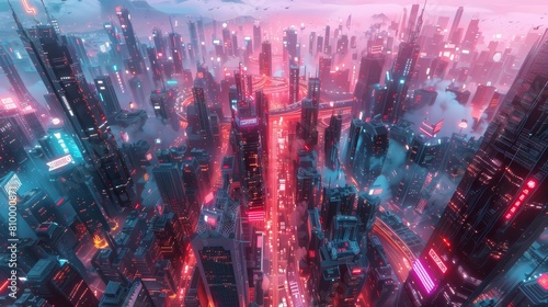 birds-eye view of a bustling futuristic cityscape